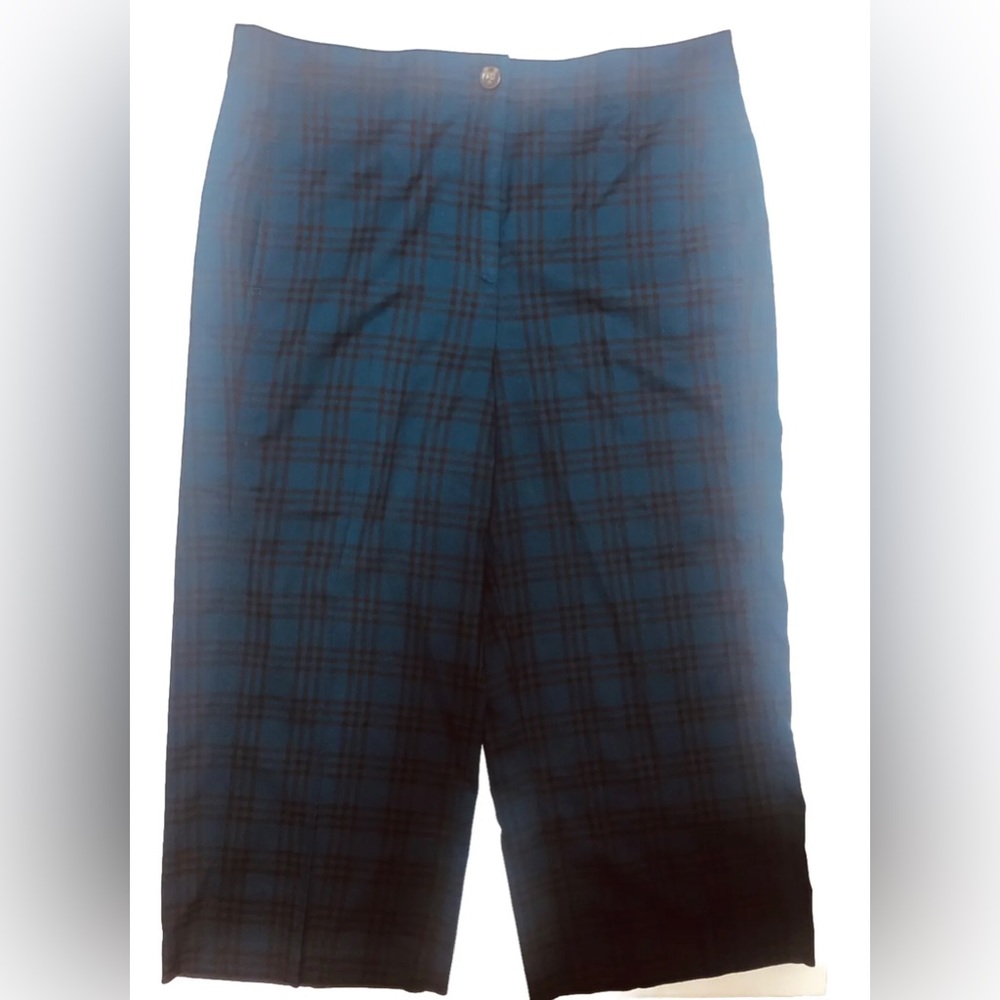 Ann Taylor Pants Women's 18 Green Black Plaid Wide Leg Ankle Crop Check Trousers